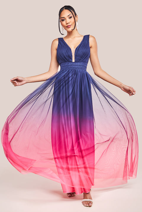 Sleeveless Ombre Pleated A-Line Maxi Dress - Pink Ombre by Goddiva