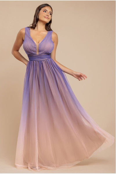 Sleeveless Ombre Pleated A-Line Maxi Dress - Lilac Ombre