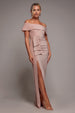 Lurex Bardot Maxi With Waterfall Ruffle - Blush by Goddiva