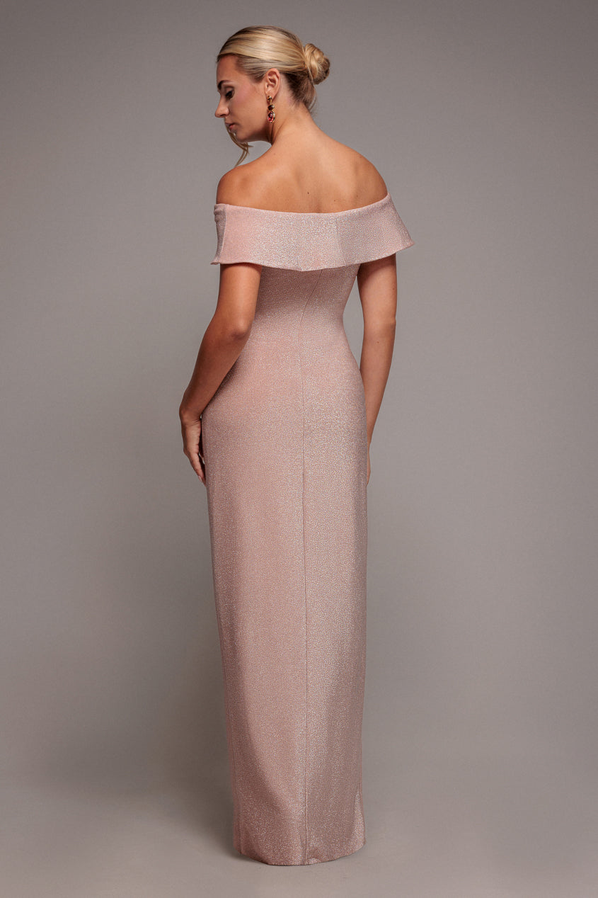 Lurex Bardot Maxi With Waterfall Ruffle - Blush DR4093