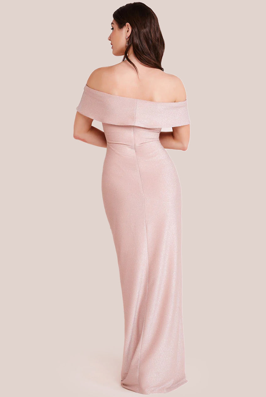 Lurex Bardot Maxi With Waterfall Ruffle - Blush DR4093