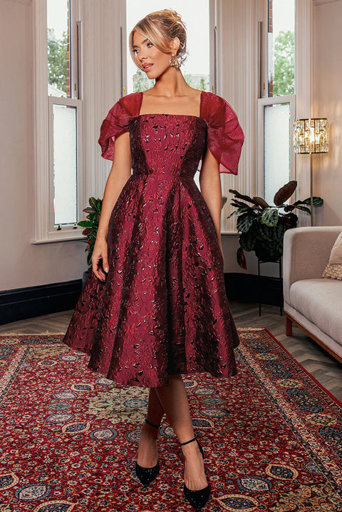 Lace Up Jacquard Midi Dress With Organza Wings - Burgundy Red by Goddiva