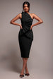 One Shoulder Pleated Fan Midi Dress - Black by Goddiva