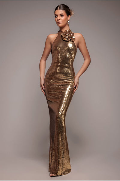 Gold - Liquid Sequin Halterneck Maxi With Corsage - Gold by Goddiva
