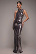 Liquid Sequin Halterneck Maxi With Corsage - Silver by Goddiva