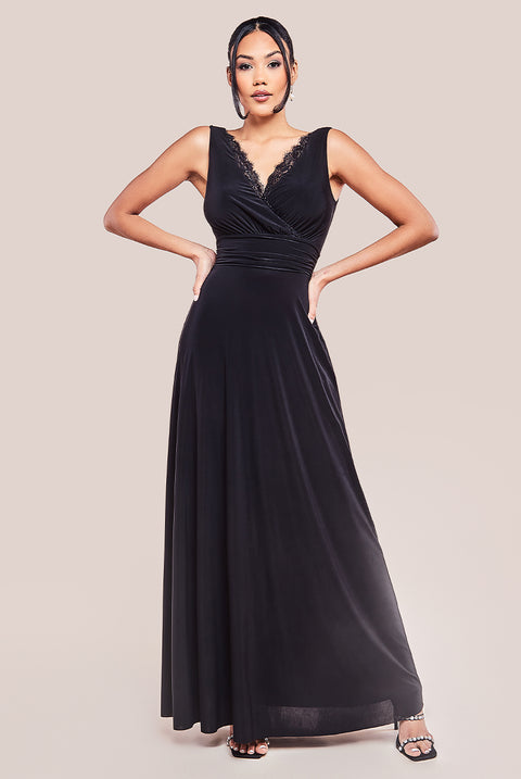 Diamante & Scalloped Lace Neck Maxi Dress - Black by Goddiva