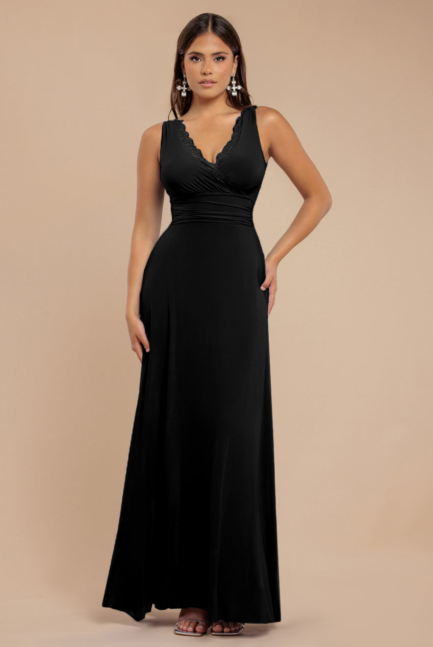 Diamante & Scalloped Lace Neck Maxi Dress - Black DR4120