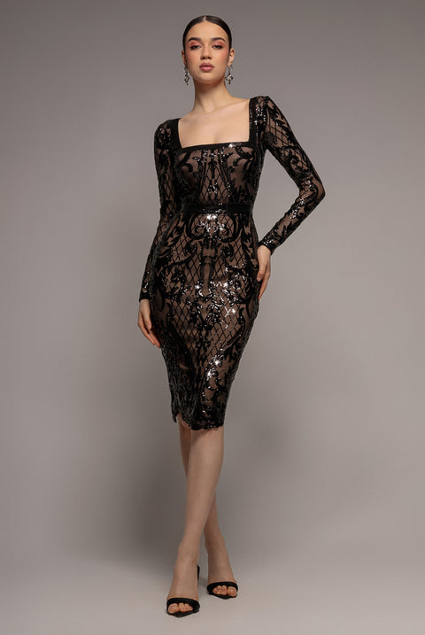 Sequin Square Neck Bodycon Midi Dress With Scalloped Hem - Black by Goddiva