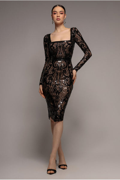 Sequin Square Neck Bodycon Midi Dress With Scalloped Hem - Black by Goddiva