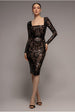 Sequin Square Neck Bodycon Midi Dress With Scalloped Hem - Black by Goddiva