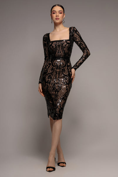 Sequin Square Neck Bodycon Midi Dress With Scalloped Hem - Black