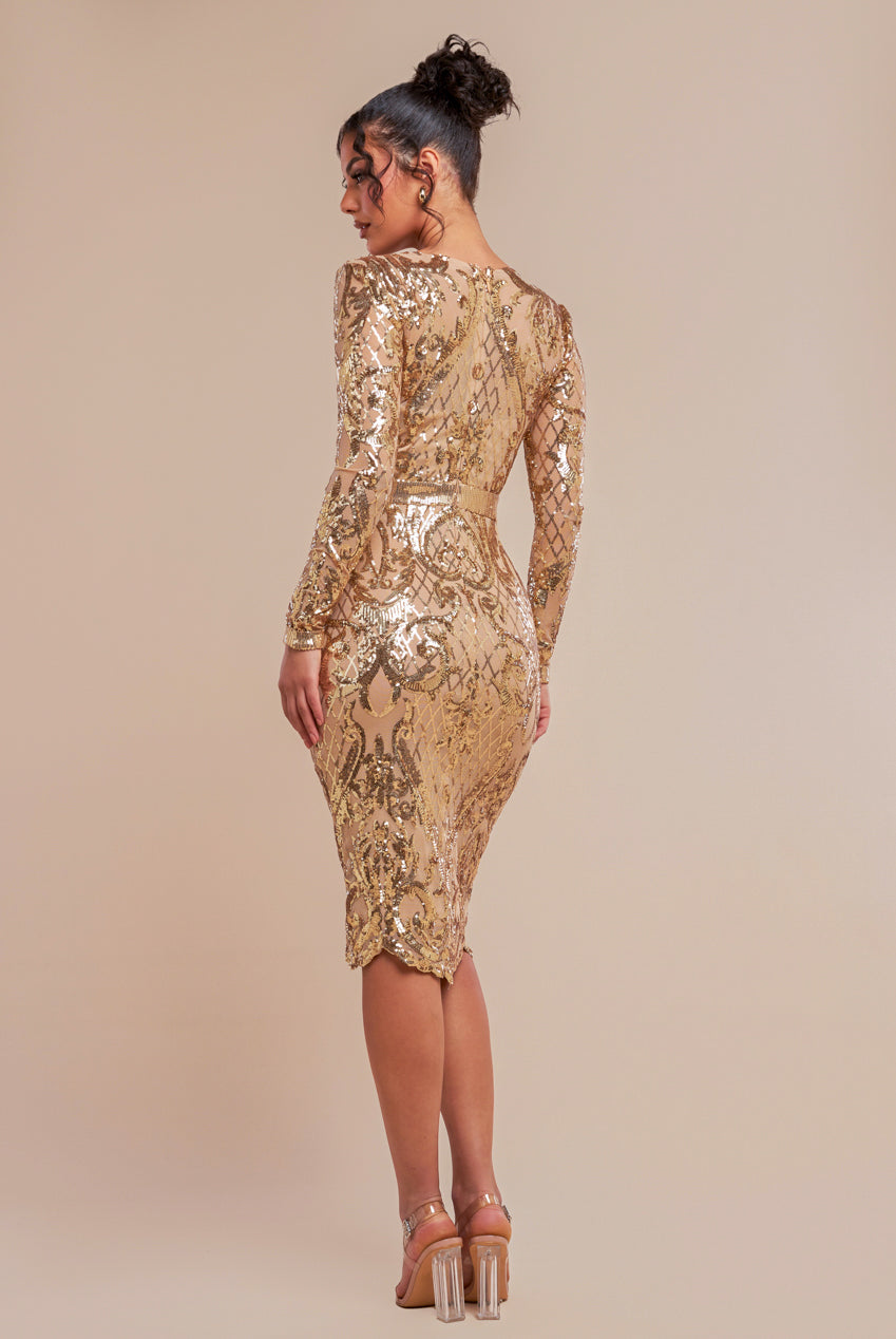 Sequin Square Neck Bodycon Midi Dress With Scalloped Hem - Gold DR4123