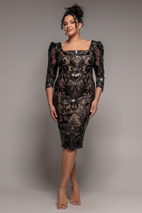 Square Neck Scalloped Embroidered Sequin Midi Dress - Black by Goddiva Plus