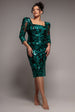 Square Neck Scalloped Embroidered Sequin Midi Dress - Emerald Green by Goddiva Plus