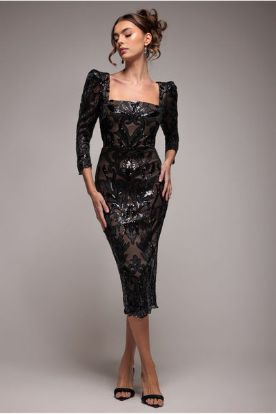 Square Neck Scalloped Embroidered Sequin Midi Dress - Black by Goddiva
