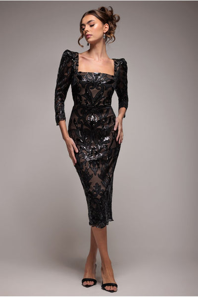 Square Neck Scalloped Embroidered Sequin Midi Dress - Black
