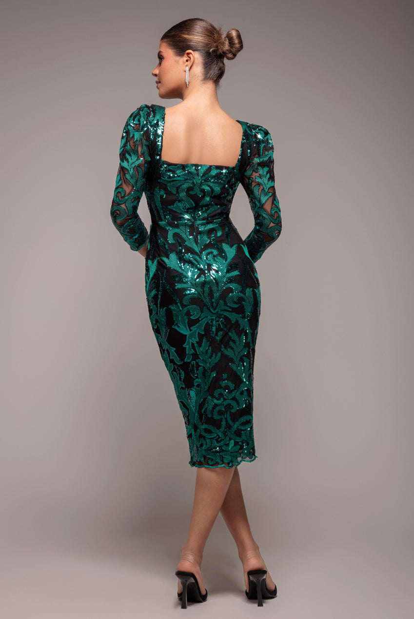 Square Neck Scalloped Embroidered Sequin Midi Dress - Emerald Green DR4124