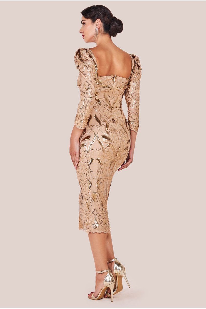 Square Neck Scalloped Lace Midi Dress - Champagne DR4124