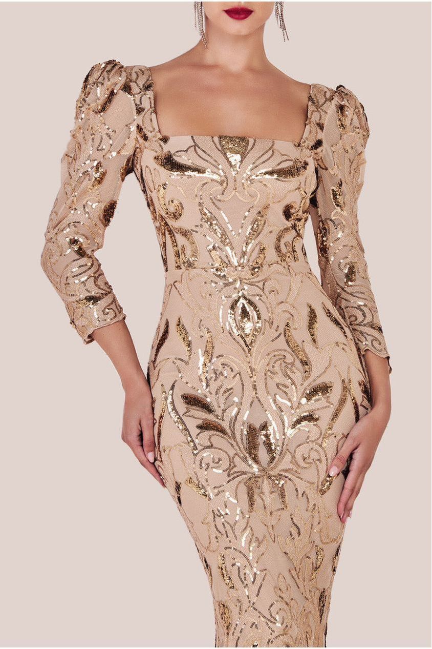 Square Neck Scalloped Lace Midi Dress - Champagne DR4124