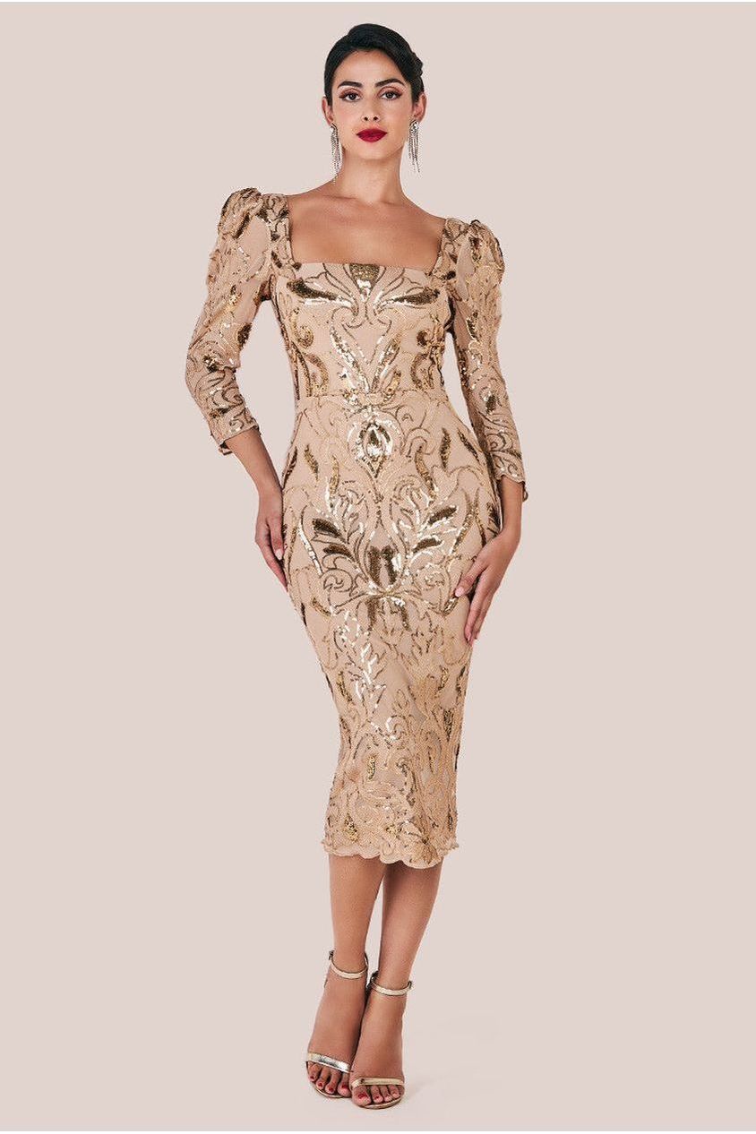 Square Neck Scalloped Lace Midi Dress - Champagne DR4124