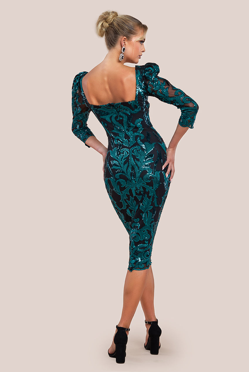 Square Neck Scalloped Lace Midi Dress - Emerald DR4124