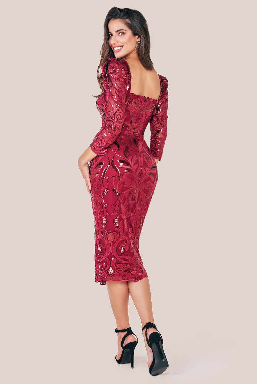 Square Neck Scalloped Lace Midi Dress - Wine DR4124