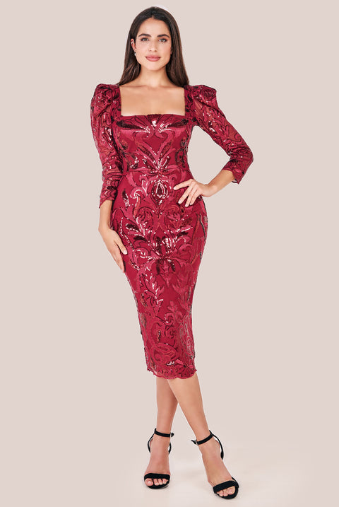 Square Neck Scalloped Lace Midi Dress - Wine DR4124