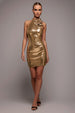 Liquid Sequin Halterneck Mini With Corsage - Gold by Goddiva