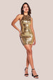 Goddiva Liquid Sequin Halterneck Mini With Corsage - Gold