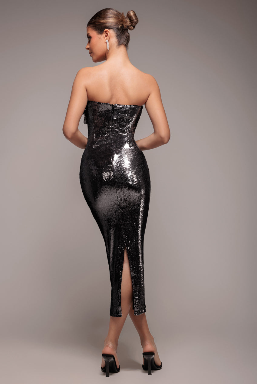 Liquid Sequin Boobtube Midaxi With Corsage - Black DR4126