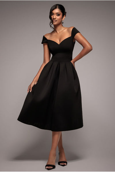 Scuba Foam Skater Midi Dress - Black by Goddiva