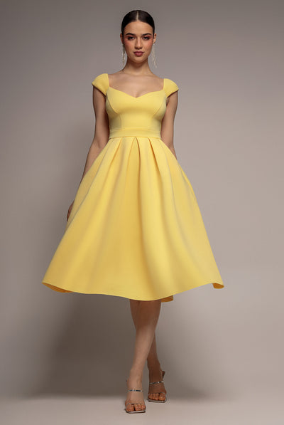 Lemon - Scuba Foam Skater Midi Dress - Lemon by Goddiva