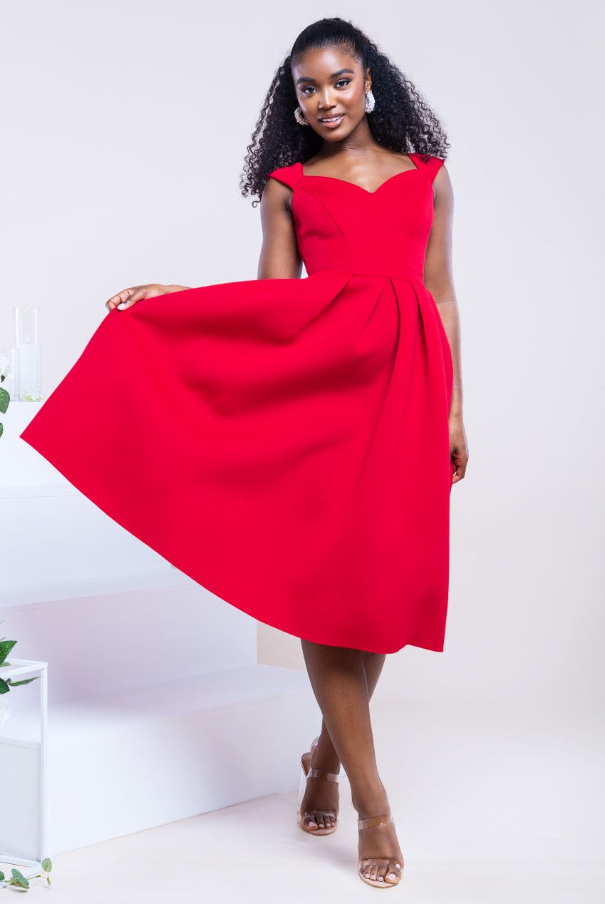 Scuba Foam Skater Midi Dress - Red DR4133