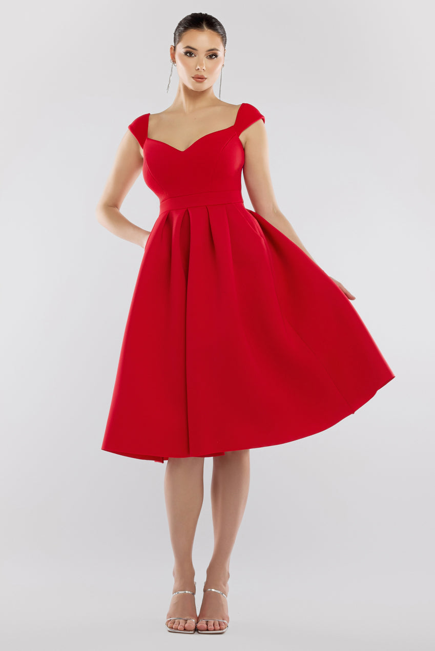 Scuba Foam Skater Midi Dress - Red DR4133