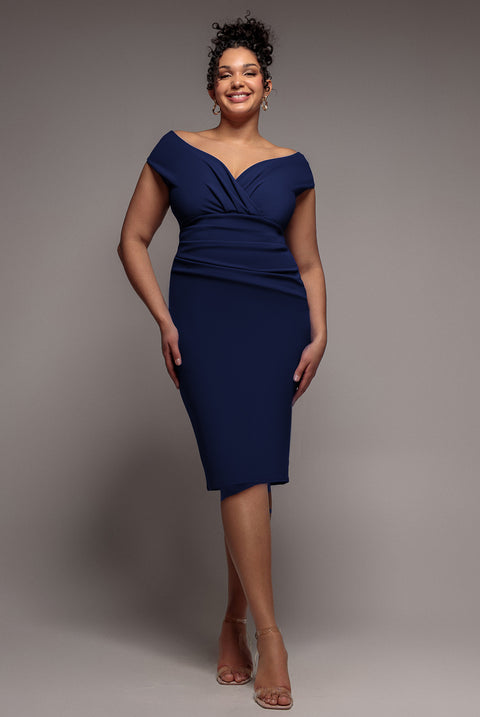 Scuba Bardot Pleated Midi Dress - Navy by Goddiva Plus