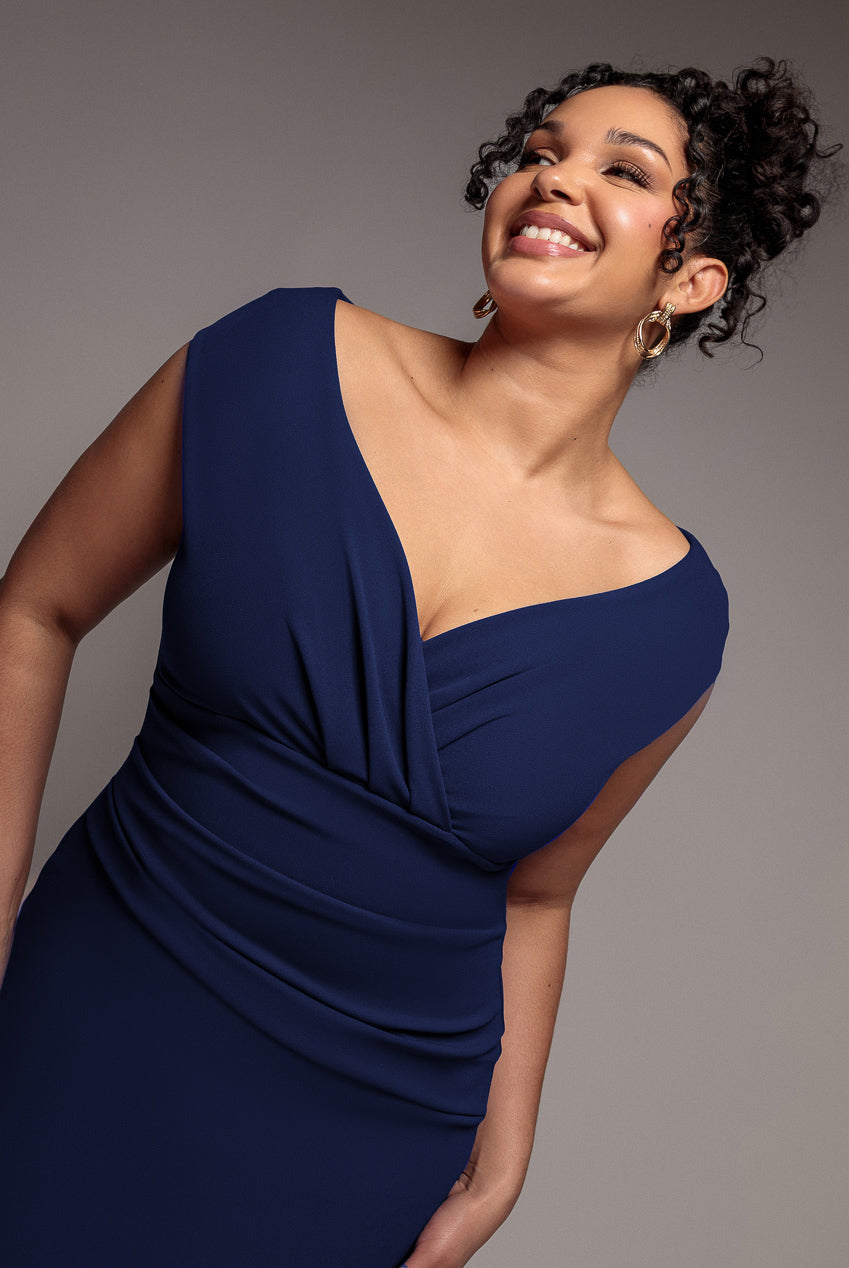 Scuba Bardot Pleated Midi Dress - Navy DR4135P