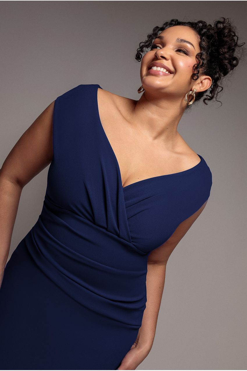 Scuba Bardot Pleated Midi Dress - Navy DR4135P