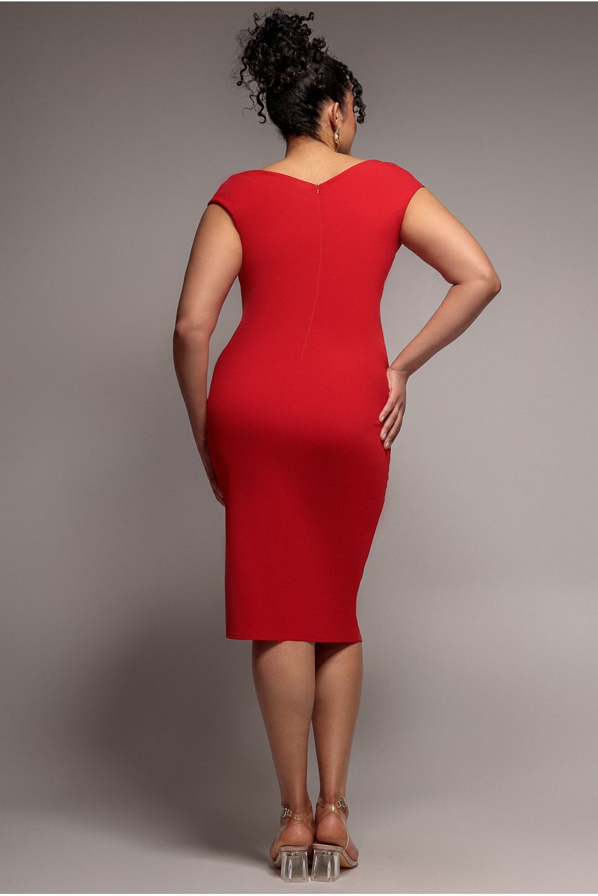 Scuba Bardot Pleated Midi Dress - Red DR4135P