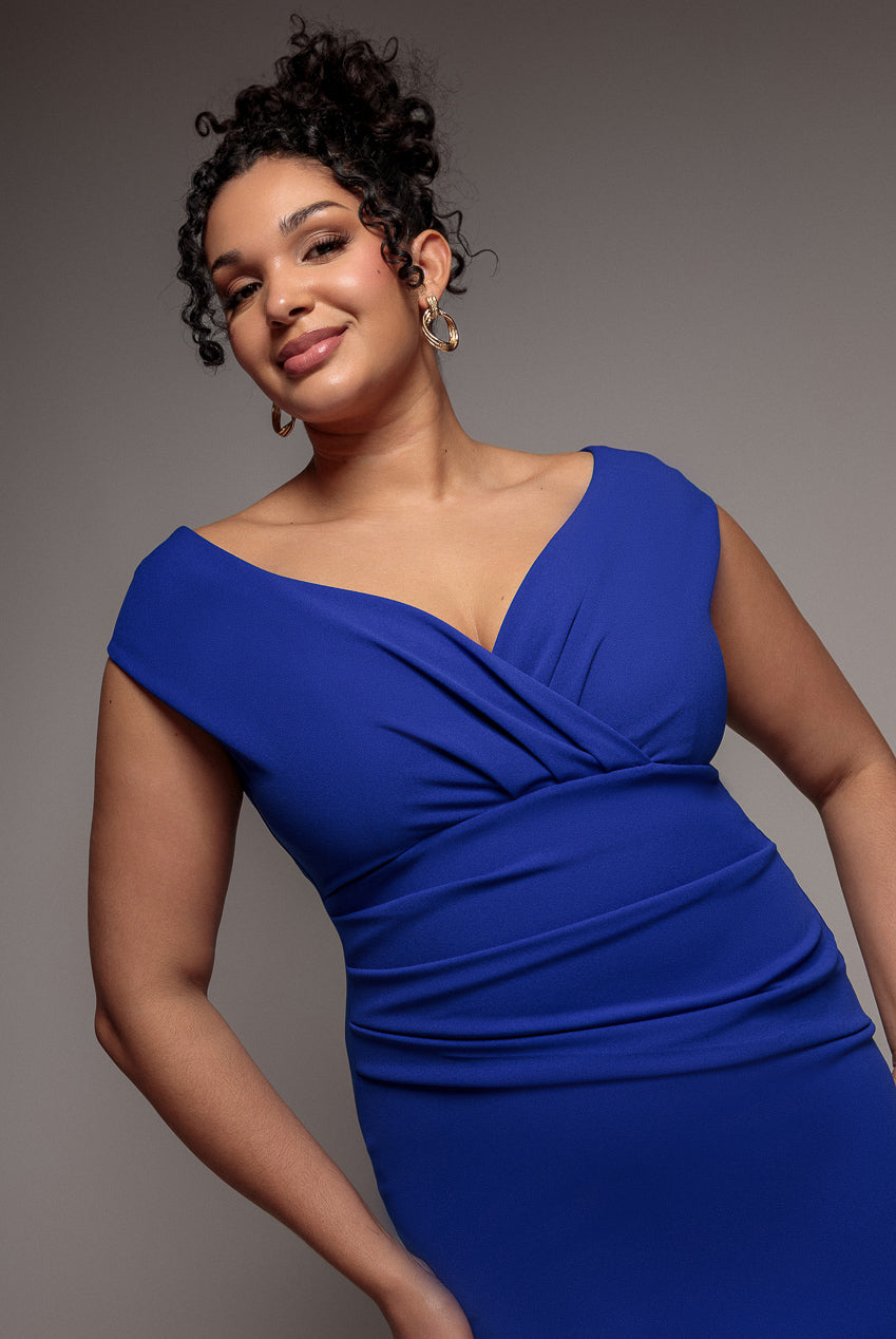 Scuba Bardot Pleated Midi Dress - Royalblue DR4135P