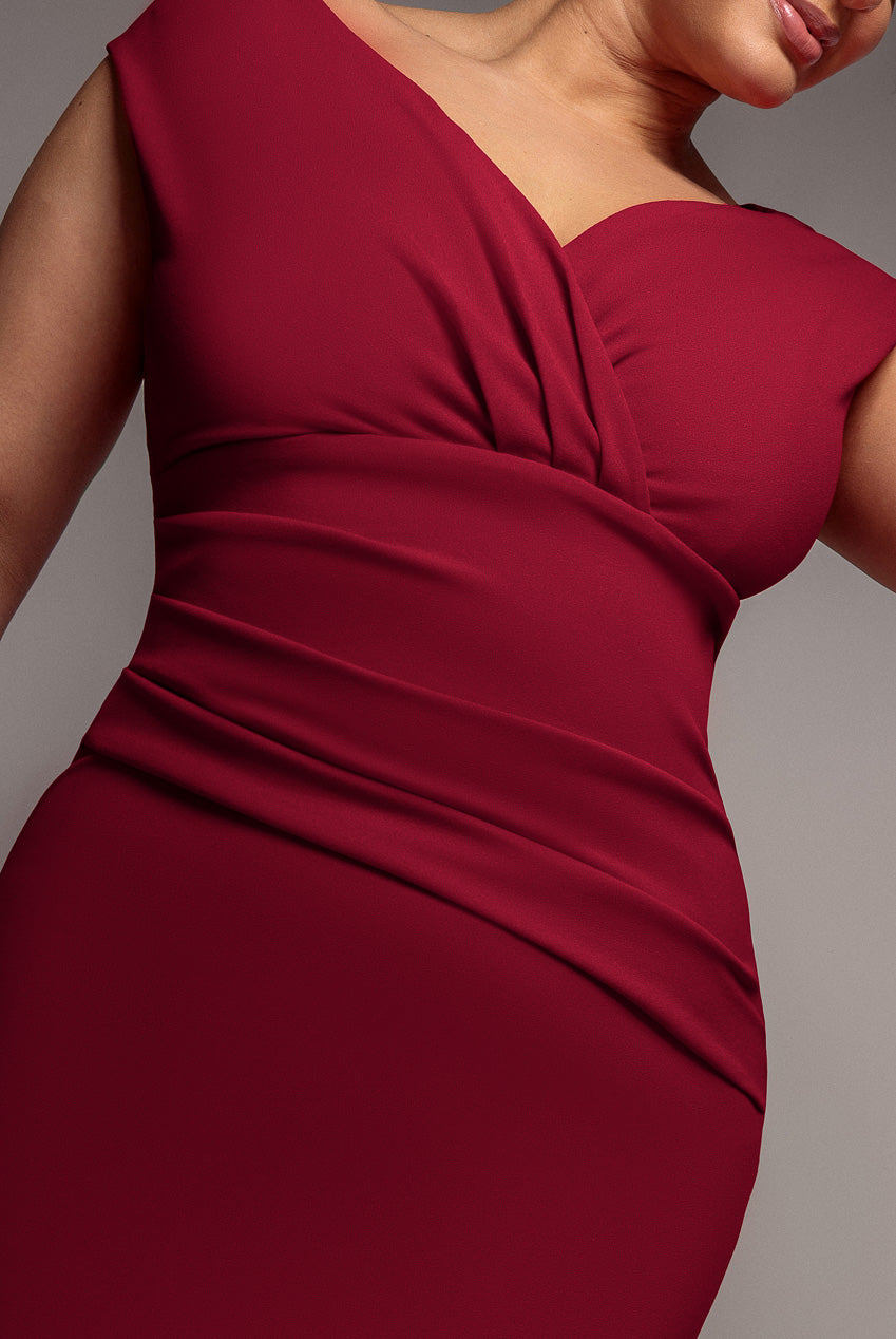 Scuba Bardot Pleated Midi Dress - Wine DR4135P