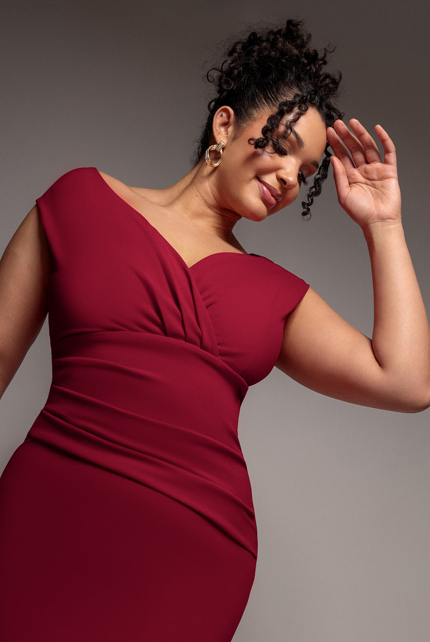 Scuba Bardot Pleated Midi Dress - Wine DR4135P
