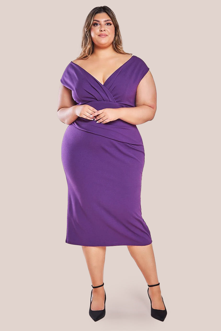 Scuba Bardot Pleated Midi Dress - Purple DR4135P