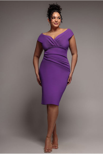 Scuba Bardot Pleated Midi Dress - Purple by Goddiva Plus