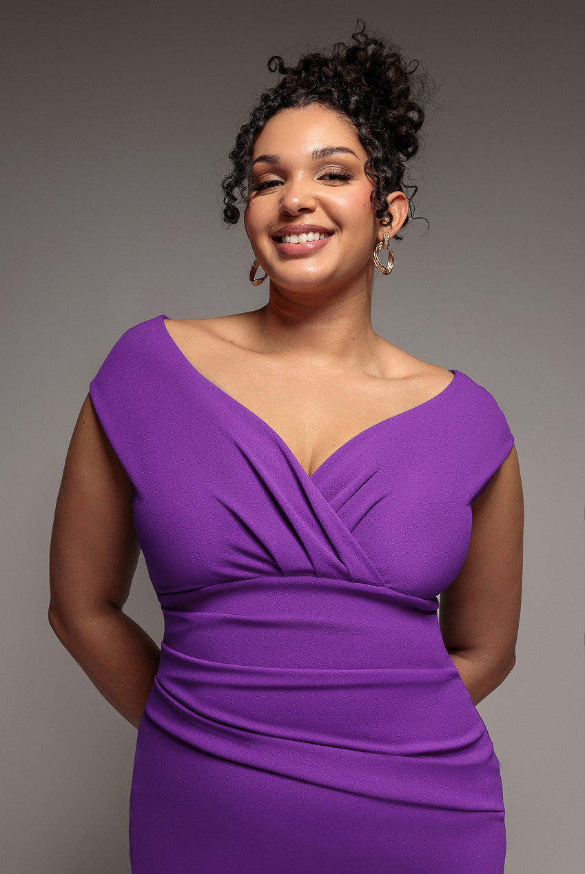 Scuba Bardot Pleated Midi Dress - Purple DR4135P