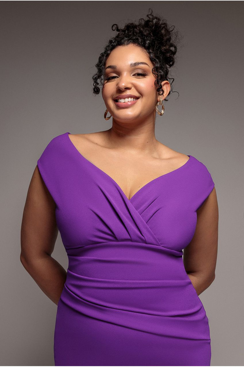 Scuba Bardot Pleated Midi Dress - Purple DR4135P