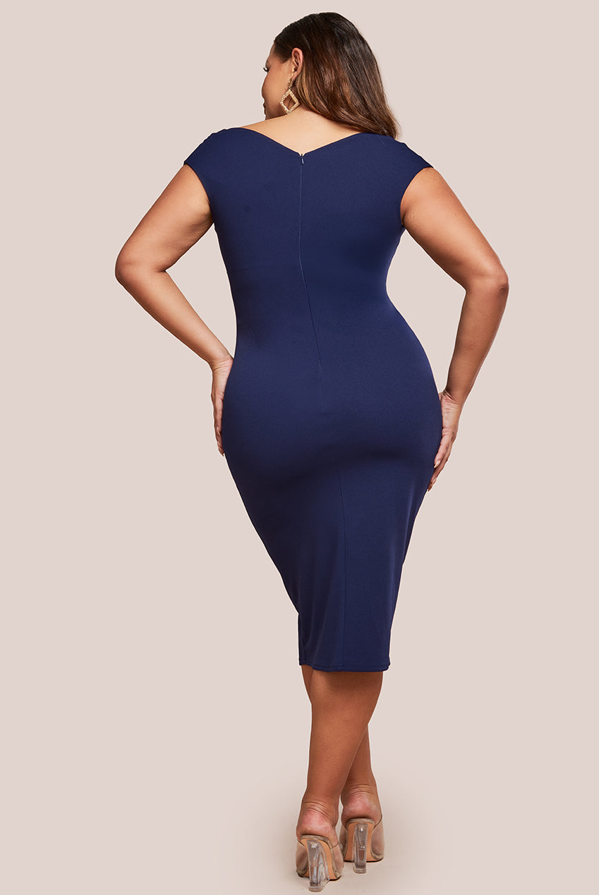 Scuba Bardot Pleated Midi Dress - Navy DR4135P