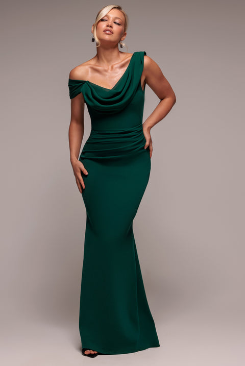 Asymmetric Chiffon Cowl Neck Scuba Maxi Dress - Emerald Green by Goddiva