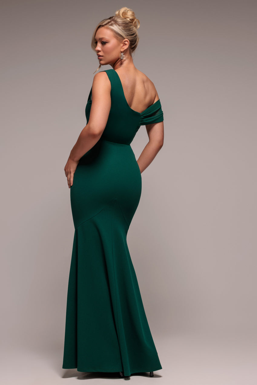 Asymmetric Chiffon Cowl Neck Scuba Maxi Dress - Emerald Green | Goddiva Asymmetric Chiffon Cowl Neck Scuba Maxi Dress - Emerald Green | Goddiva