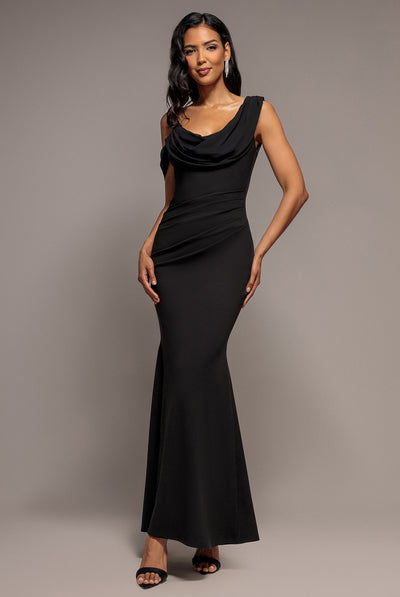 Black - Cowl Neck One Shoulder Scuba & Chiffon Maxi Dress - Black by Goddiva