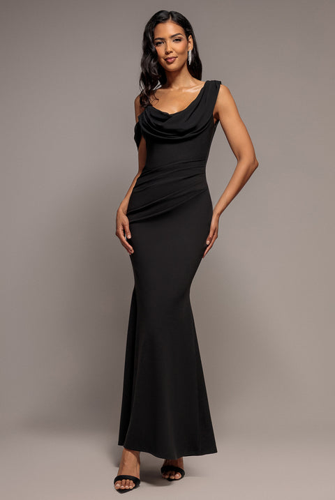 Cowl Neck One Shoulder Scuba & Chiffon Maxi Dress - Black by Goddiva